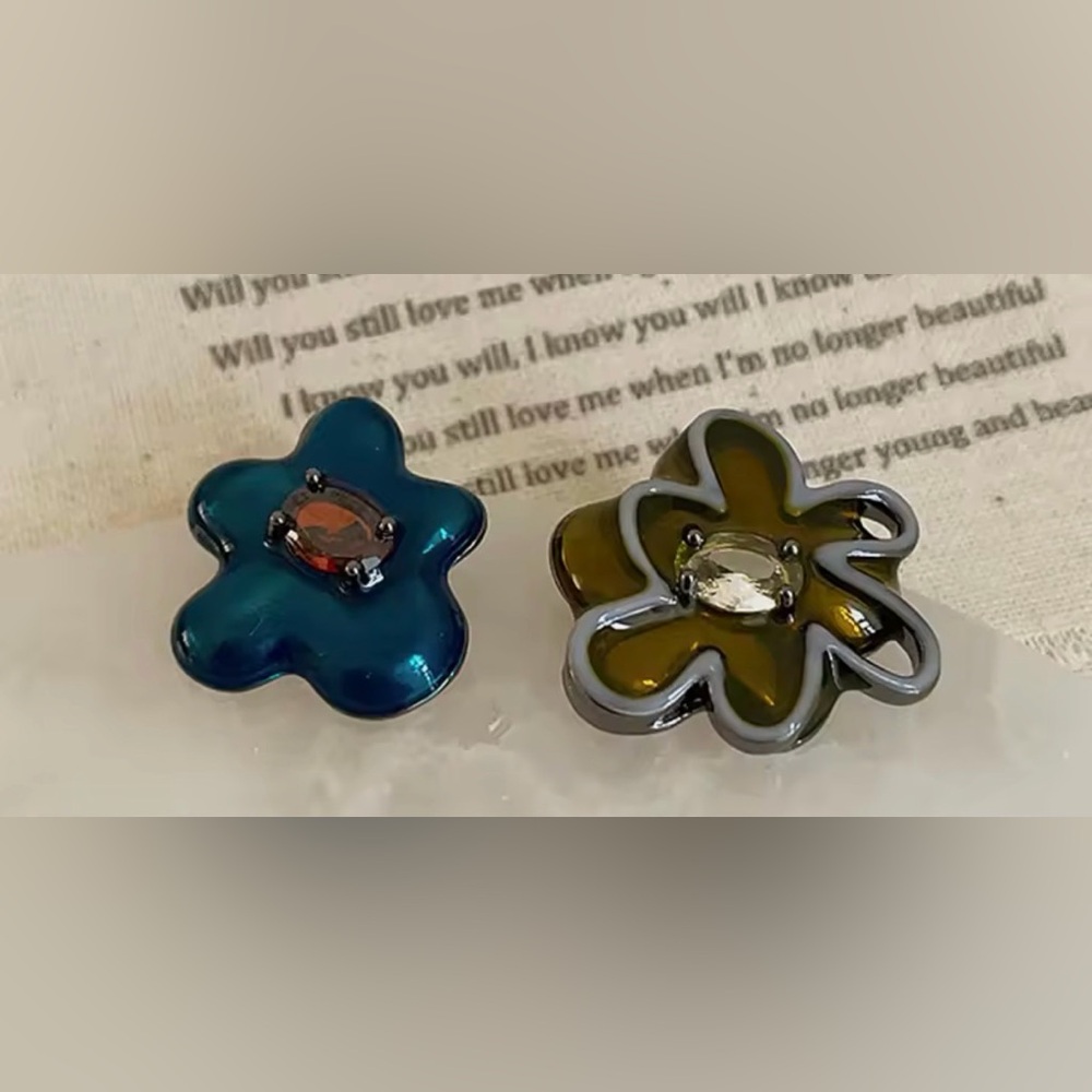 Enamel Flower Earrings in Teal & Olive with Center Stones